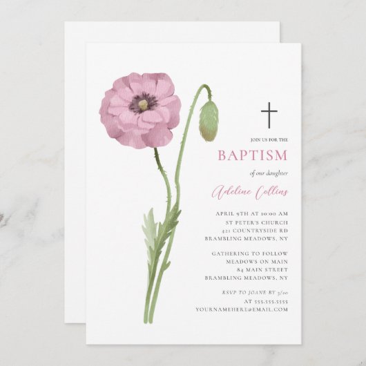Invitation Fleur rose douce Blossom Élégant Script Baptême (Devant / Derrière)