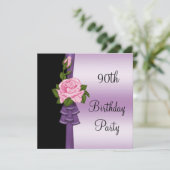 Invitation Fleur rose élégante et ruban violet 90e anniversai (Debout devant)