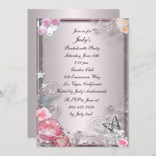 Invitation Fleur Rose Et Bachelorette Papillon (Devant / Derrière)