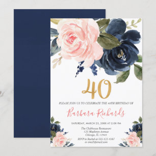 Invitation Fleur rose et bleu marine 40e anniversaire