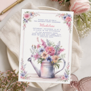 Invitation Fleur rose et bleue Arrosoir 75e anniversaire