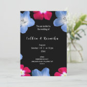 Invitation Fleur rose et bleue sur noir (Debout devant)