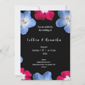 Invitation Fleur rose et bleue sur noir