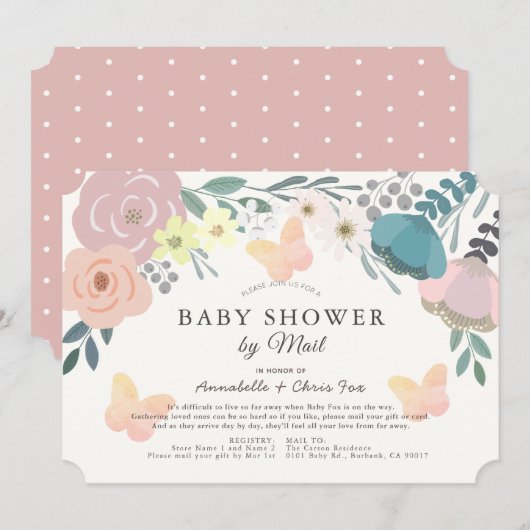 Invitation Fleur rose et papillons Baby shower par courrier (Devant / Derrière)