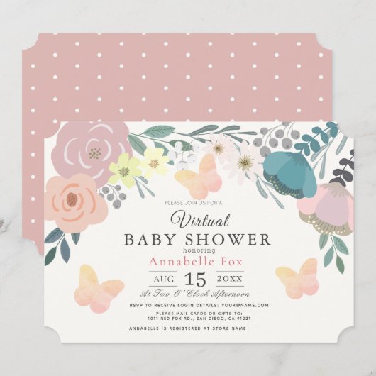 Invitation Fleur rose et papillons Baby shower virtuel fille (Devant / Derrière)