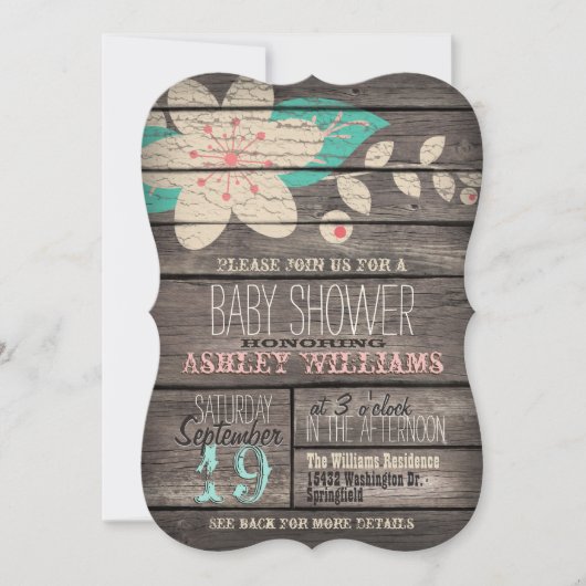 Invitation Fleur rose et turquoise sur Baby shower en bois ru (Devant)