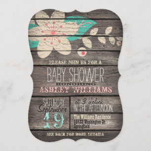 Invitation Fleur rose et turquoise sur Baby shower en bois ru