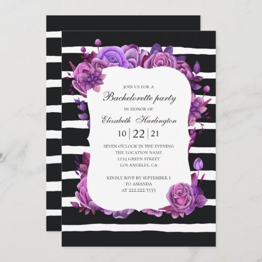 Invitation Fleur rose et violette. Bachelorette rayée (Devant / Derrière)