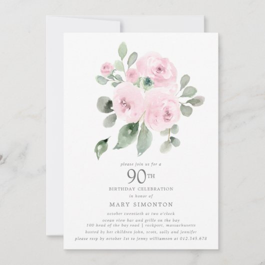 Invitation Fleur rose Eucalyptus 90ème anniversaire (Devant)