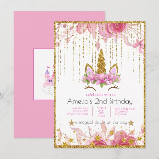 Invitation Fleur rose | Fête d'anniversaire Licorne (Devant / Derrière)