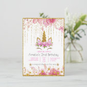 Invitation Fleur rose | Fête d'anniversaire Licorne (Debout devant)