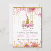 Invitation Fleur rose | Fête d'anniversaire Licorne (Devant)
