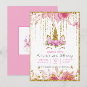 Invitation Fleur rose Fête d'anniversaire Licorne