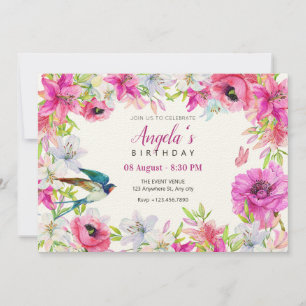 Invitation Fleur rose fleurie artistique anniversaire
