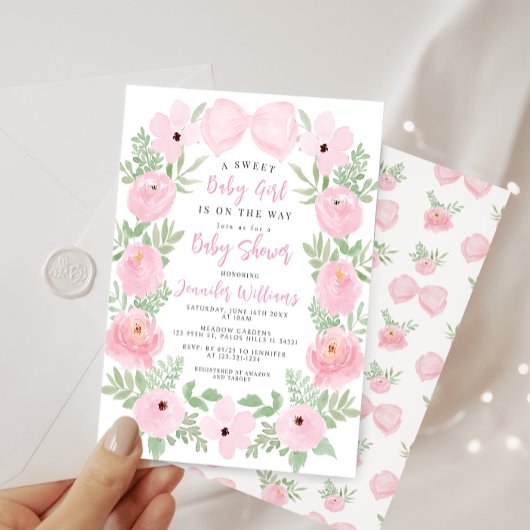 Invitation Fleur rose fleurs mignonette arc boho bébé douche