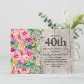 Invitation Fleur rose Floral Bois rustique 40e anniversaire (Debout devant)