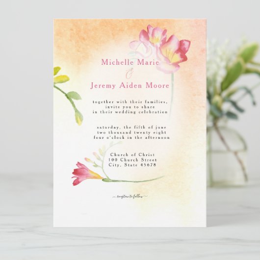 Invitation Fleur rose Freesia couleur chaude (Debout devant)