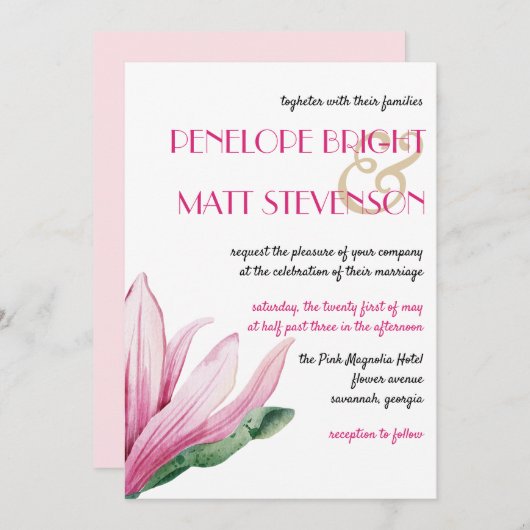 Invitation Fleur rose Magnolia en Mariage de fleurs (Devant / Derrière)