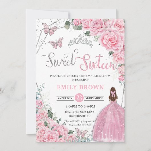 Invitation Fleur rose marron clair Princesse Sweet 16 Anniver (Devant)