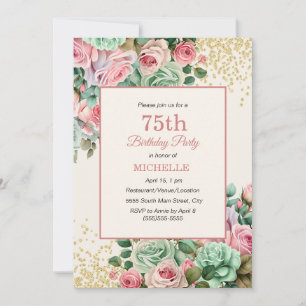 Invitation Fleur rose menthe vintage pailletée or 75e anniver