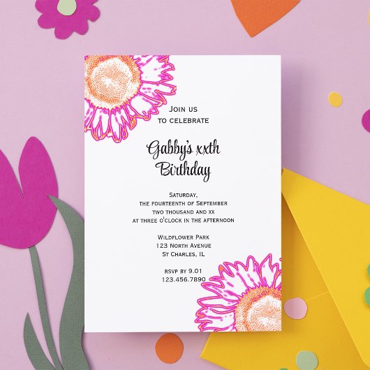Invitation Fleur rose Neon fête d'anniversaire