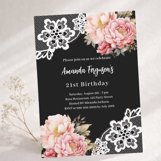 Invitation Fleur rose noire dentelle élégant anniversaire