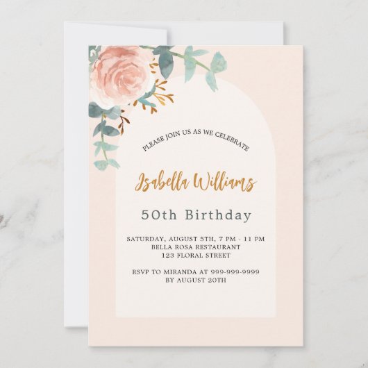 Invitation Fleur rose or rousse arc anniversaire (Devant)