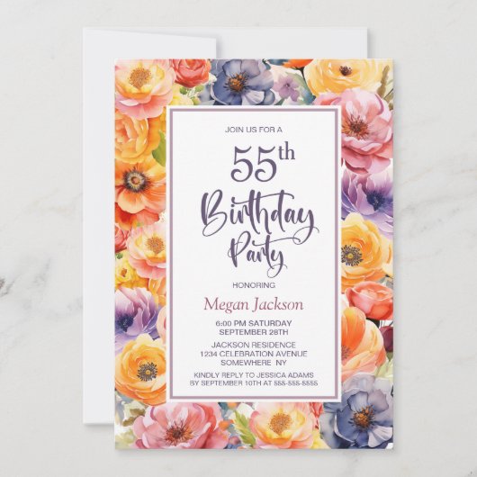 Invitation Fleur rose orange 55e fête d'anniversaire (Devant)