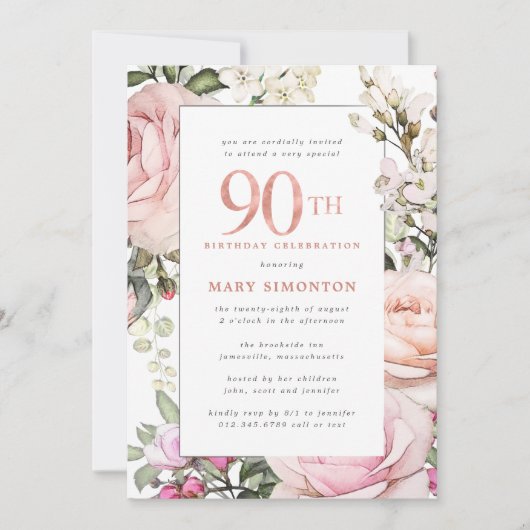 Invitation Fleur rose pâle 90e fête d'anniversaire (Devant)