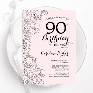 Invitation Fleur rose pâle 90e fête d'anniversaire