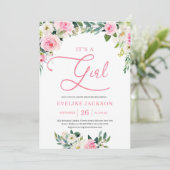 Invitation Fleur rose pâle et doux c'est un baby shower fille (Debout devant)