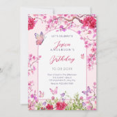 Invitation Fleur rose papillons anniversaire (Devant)