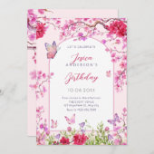 Invitation Fleur rose papillons anniversaire (Devant / Derrière)