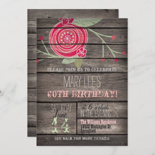 Invitation Fleur rose, Pays rustique 60e anniversaire (Devant / Derrière)
