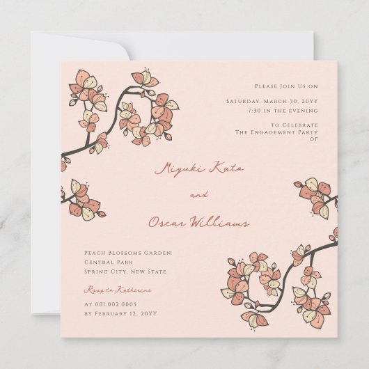 Invitation Fleur rose Plum/Pêche Élégante Partie d'engagement (Devant)