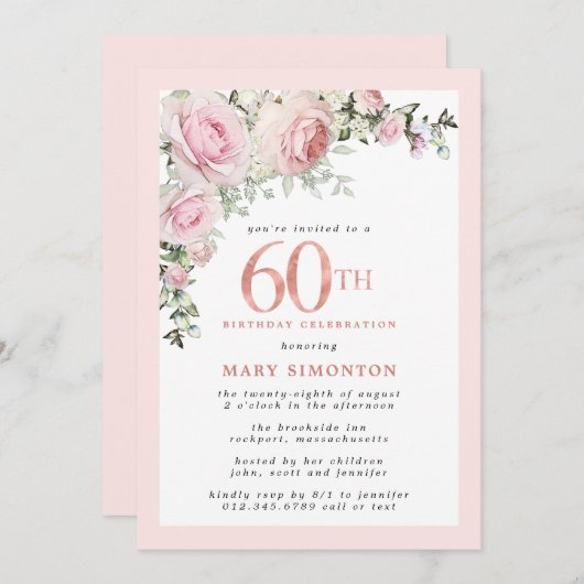 Invitation Fleur rose rose pâle 60e fête d'anniversaire (Devant / Derrière)