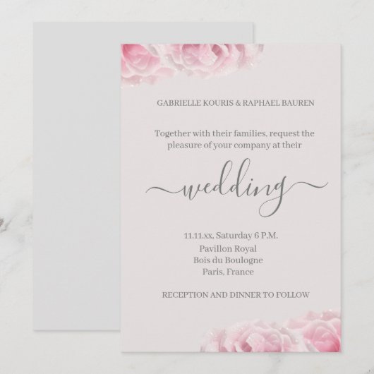 Invitation Fleur rose rose pâle gris brillant Mariage floral  (Devant / Derrière)