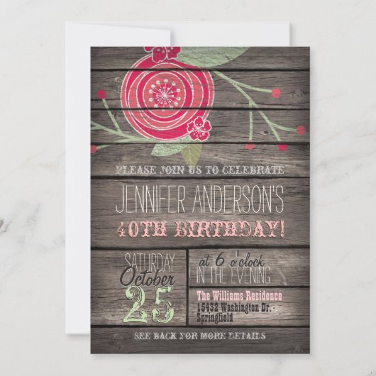 Invitation Fleur rose, Rustic Country 40ème anniversaire (Devant)