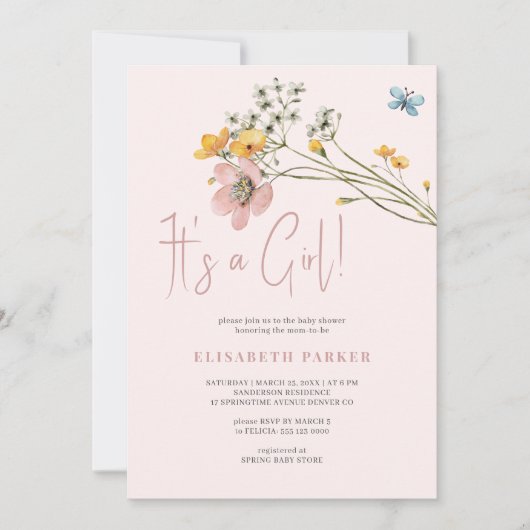 Invitation Fleur rose vif c'est un baby shower fille (Devant)