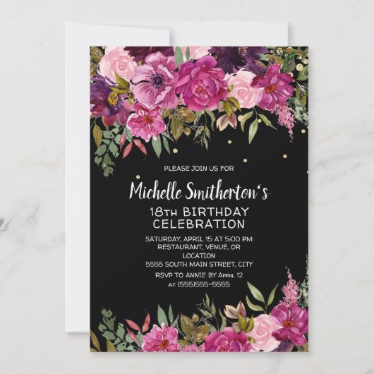 Invitation Fleur rose violet 18e anniversaire noir (Devant)