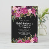 Invitation Fleur rose violet 18e anniversaire noir (Debout devant)
