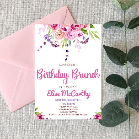 Invitation Fleur rose violet Floral Anniversaire Brunch Party