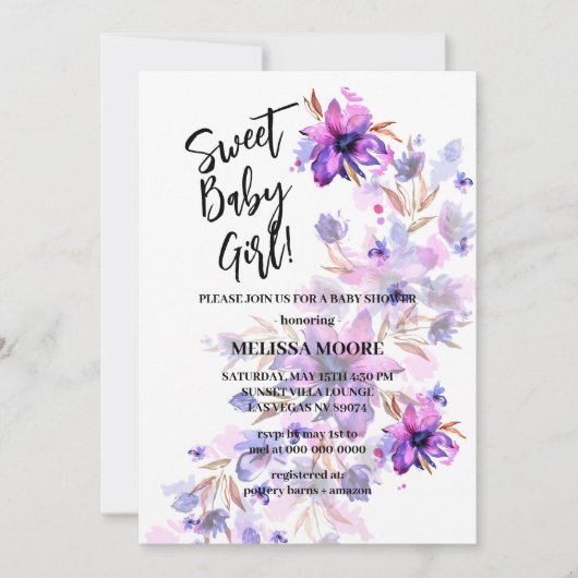 Invitation Fleur rose violet mauve douce fille (Devant)