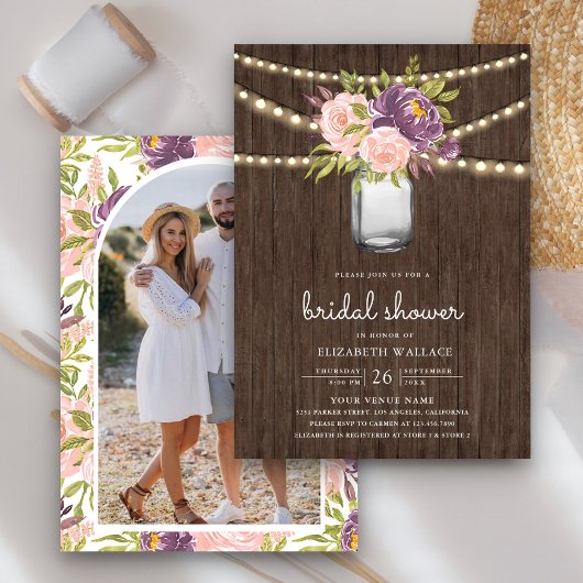 Invitation Fleur rose violet Pot Mason Photo Shower de Mariag