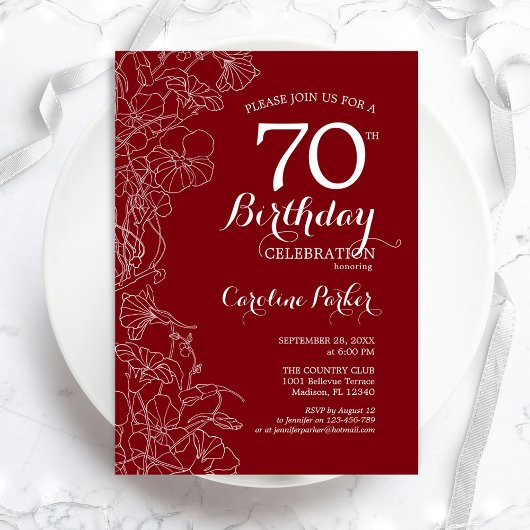 Invitation Fleur rouge 70e fête d'anniversaire