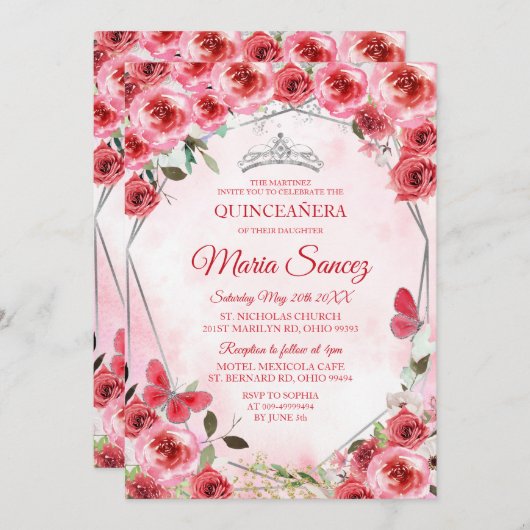 Invitation Fleur Rouge Argent Espagnole Fille Douce 16e anniv (Devant / Derrière)