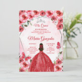 Invitation Fleur Rouge Argent Mexicaine Fille Douce 15e anniv (Debout devant)