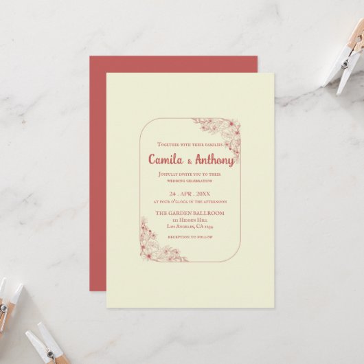 Invitation Fleur rouge beige frontière Boho Mariage rustique (Devant/Arrière en situation)