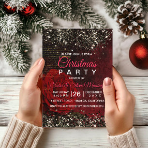 Invitation Fleur rouge chic noir faux or parties scintillant 