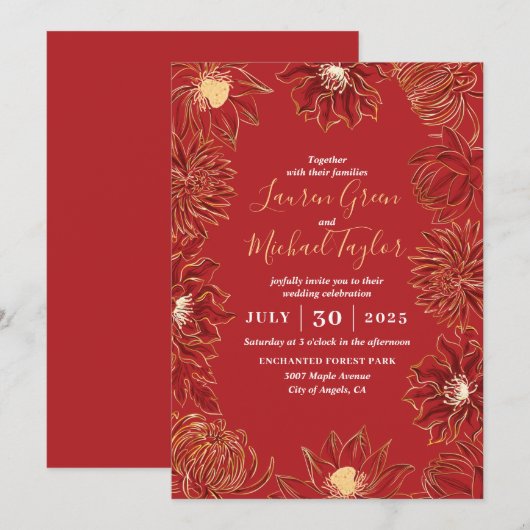 Invitation Fleur rouge Lotus Mariage floral oriental (Devant / Derrière)